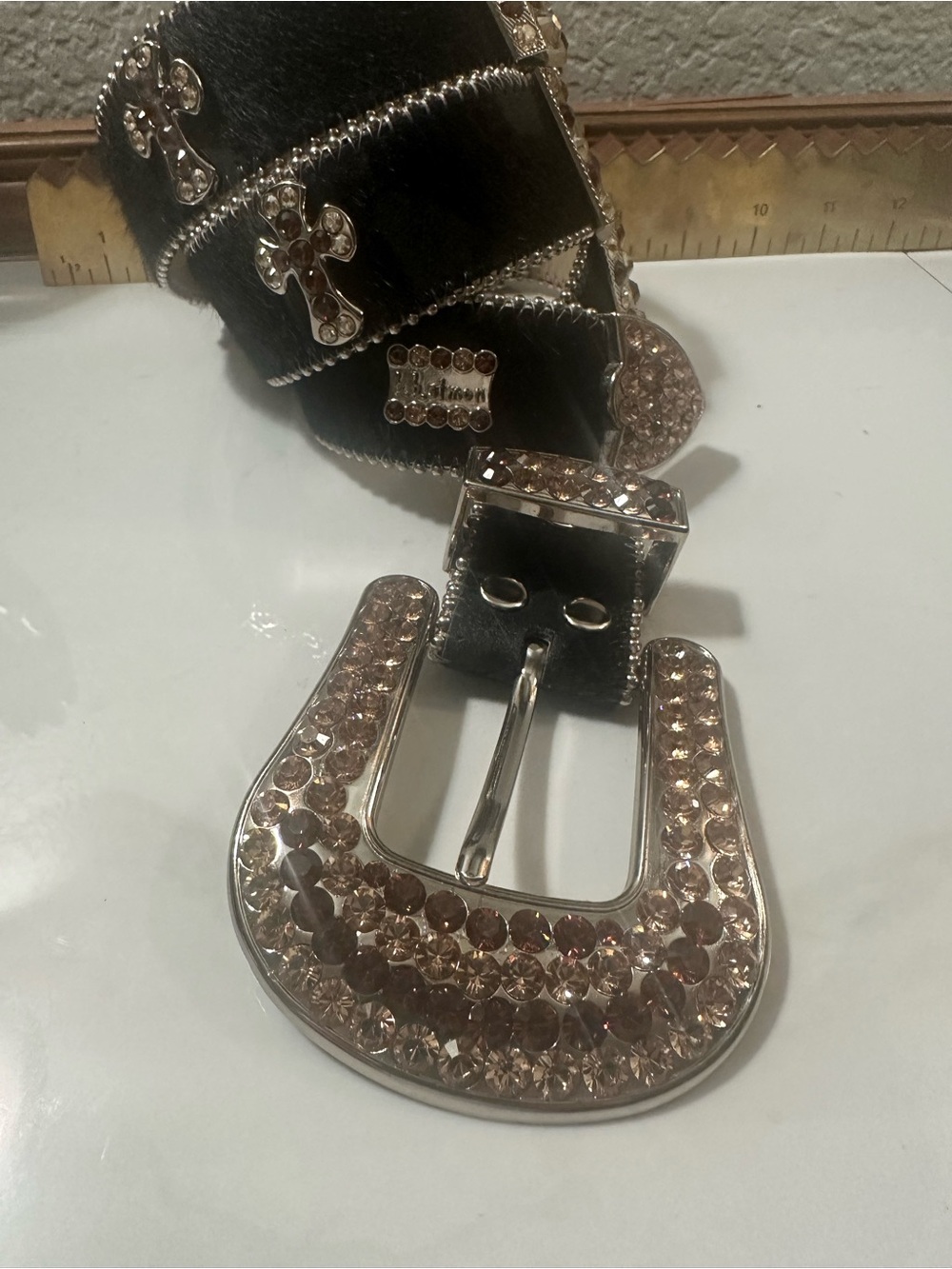 B.B. Simon Black Belt with crosses calf hair Champagne Crystal Horseshoe Buckle